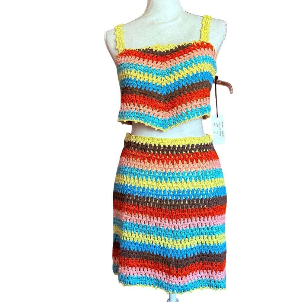 SAYLOR crochet Ronnie SET tank top and skirt chevron knit multicolored L large - Picture 5 of 14